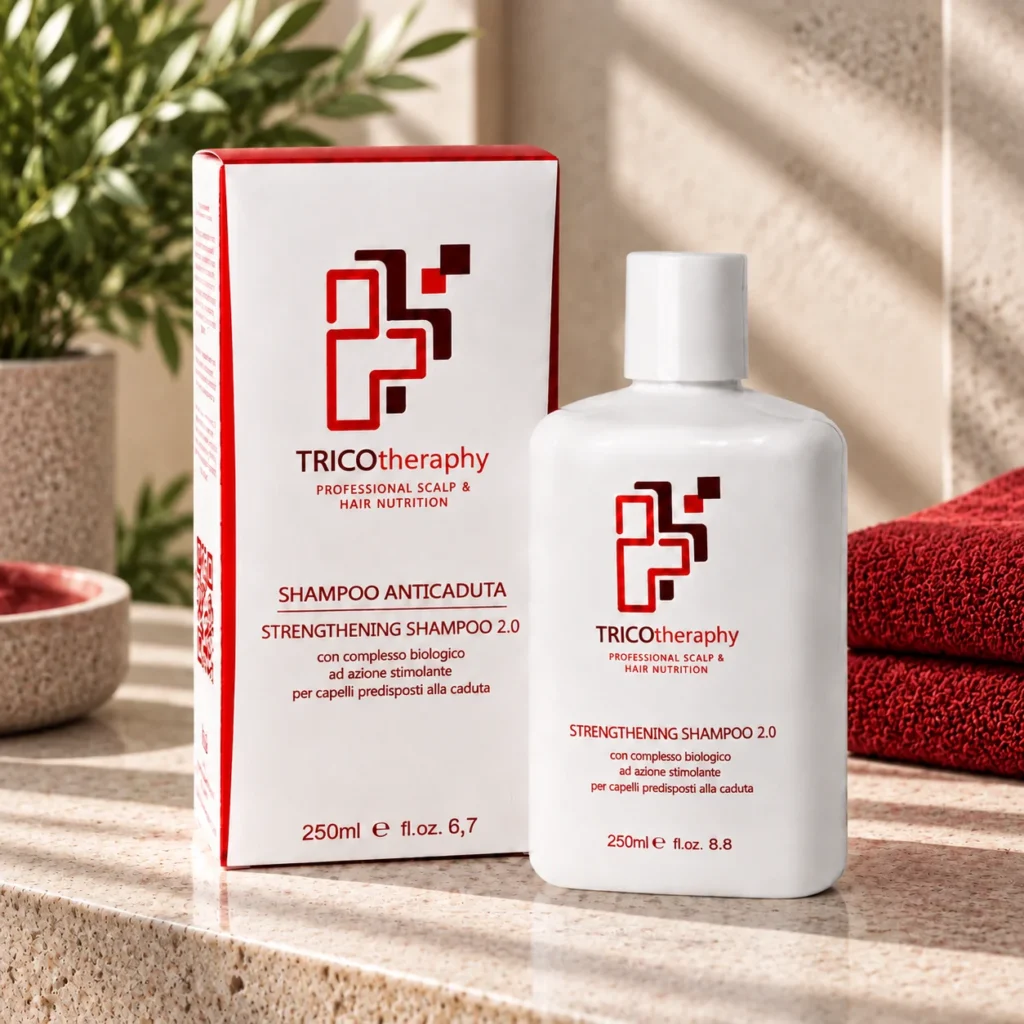 Shampoo anticaduta Tricotheraphy, in ambiente con asciugamani